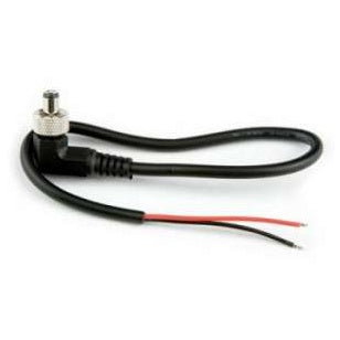 21730 DC power cord with locking ring, right-angle connector with knurled locking collar and stripped red and black wire leads, Lectrosonics