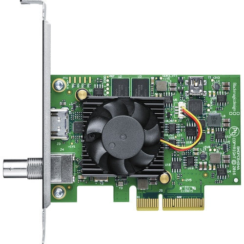 Blackmagic Design DeckLink Mini Monitor 4K top-down view of circuit board, cooling fan, and PCIe edge connector