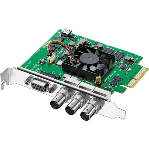 Blackmagic Design DeckLink SDI 4K PCIe capture card angled view with BNC connectors and cooling fan