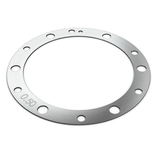 Blackmagic Design PL Mount Shim Kit angled view of a machined steel ring marked 0.50 with mounting holes