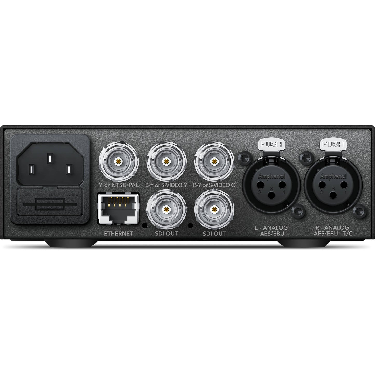 Teranex Mini Analog to SDI 12G rear panel with BNC component and SDI out jacks, Ethernet, and XLR analog inputs