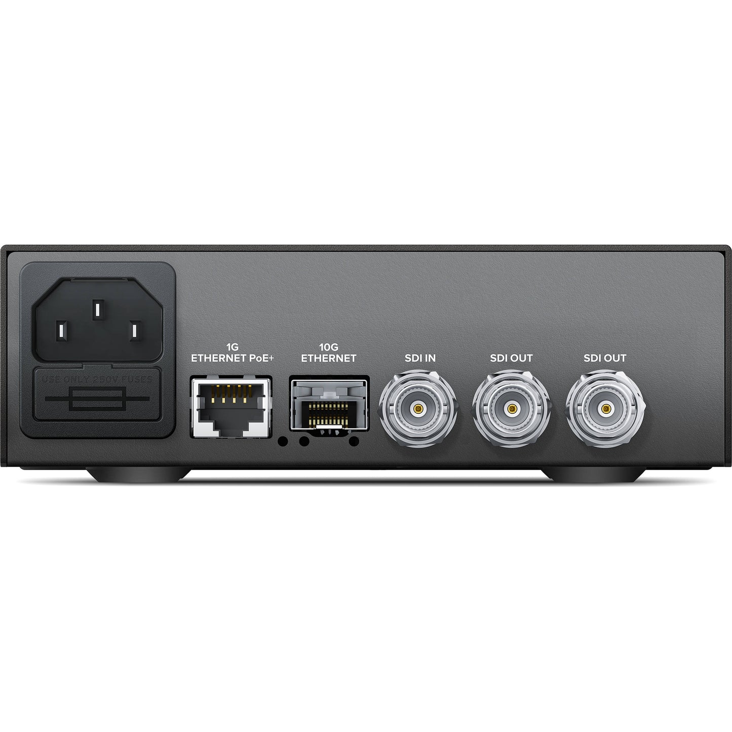 Teranex Mini IP Video 12G rear panel with IEC power inlet, 1G Ethernet PoE+, 10G Ethernet and BNC SDI jacks