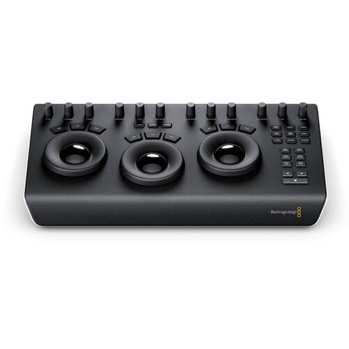 Blackmagic Design DaVinci Resolve Micro Panel front three-quarter view with three trackballs and control knobs