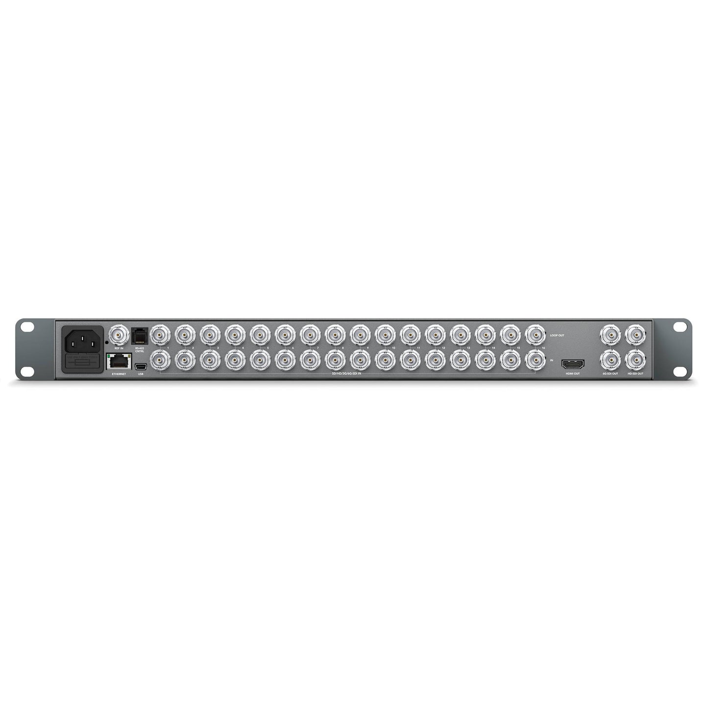 Blackmagic Design MultiView 16 rear panel with BNC SDI inputs, HDMI out, Ethernet, USB and IEC power inlet