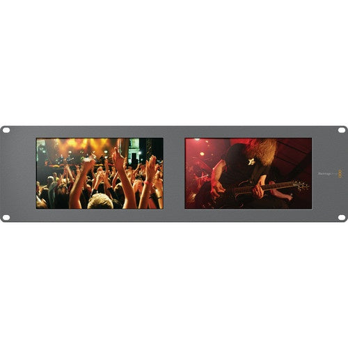 Blackmagic Design SmartView Duo front view with two LCD screens and rack ears for rack mounting