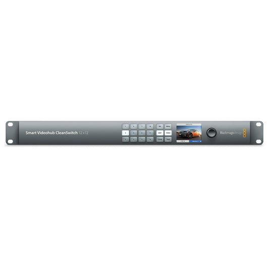 Blackmagic Design Smart Videohub CleanSwitch 12x12 front panel with numbered buttons, LCD preview and knob