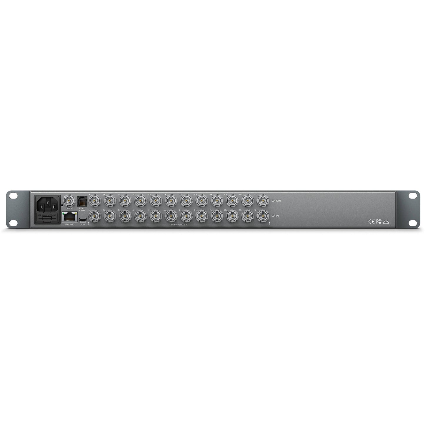 Blackmagic Design Smart Videohub CleanSwitch 12x12 rear panel with SDI in and out BNCs, Ethernet, USB and power inlet