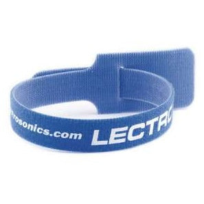 24719 Velcro cable wrap in blue, looped angled view showing the wide fastening tab and white printed Lectrosonics logo and web address, Lectrosonics