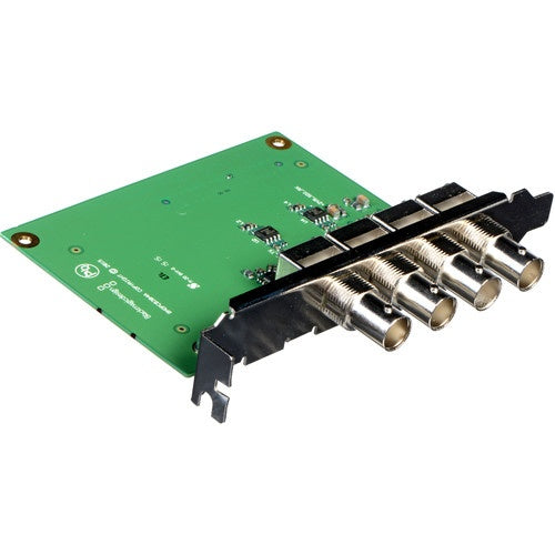 Blackmagic Design DeckLink 4K Extreme 12G Quad SDI card angled view showing BNC connectors and bracket