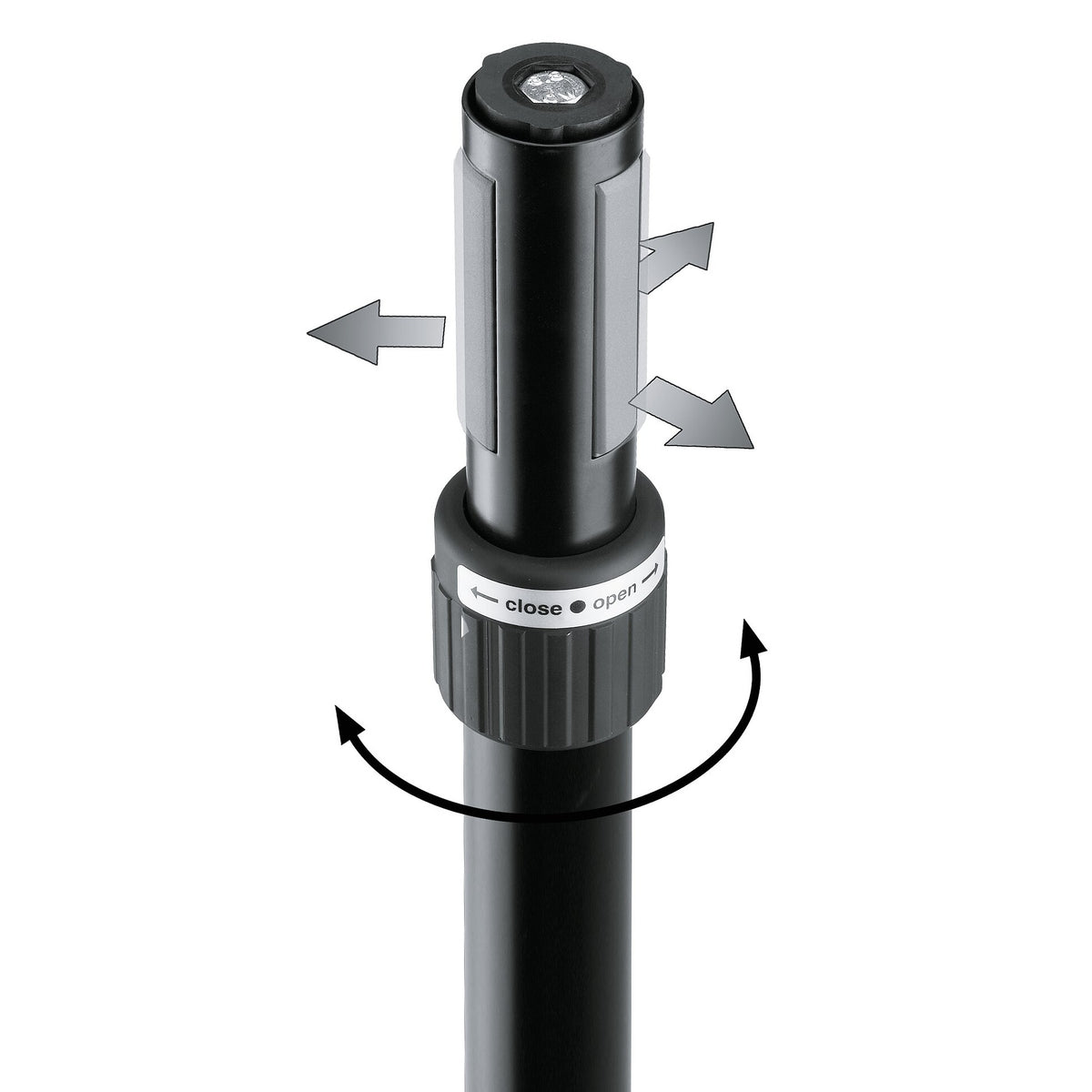 21367 ring lock distance rod top detail showing close/open locking ring, expanding grip pads and rotation arrows, K&M