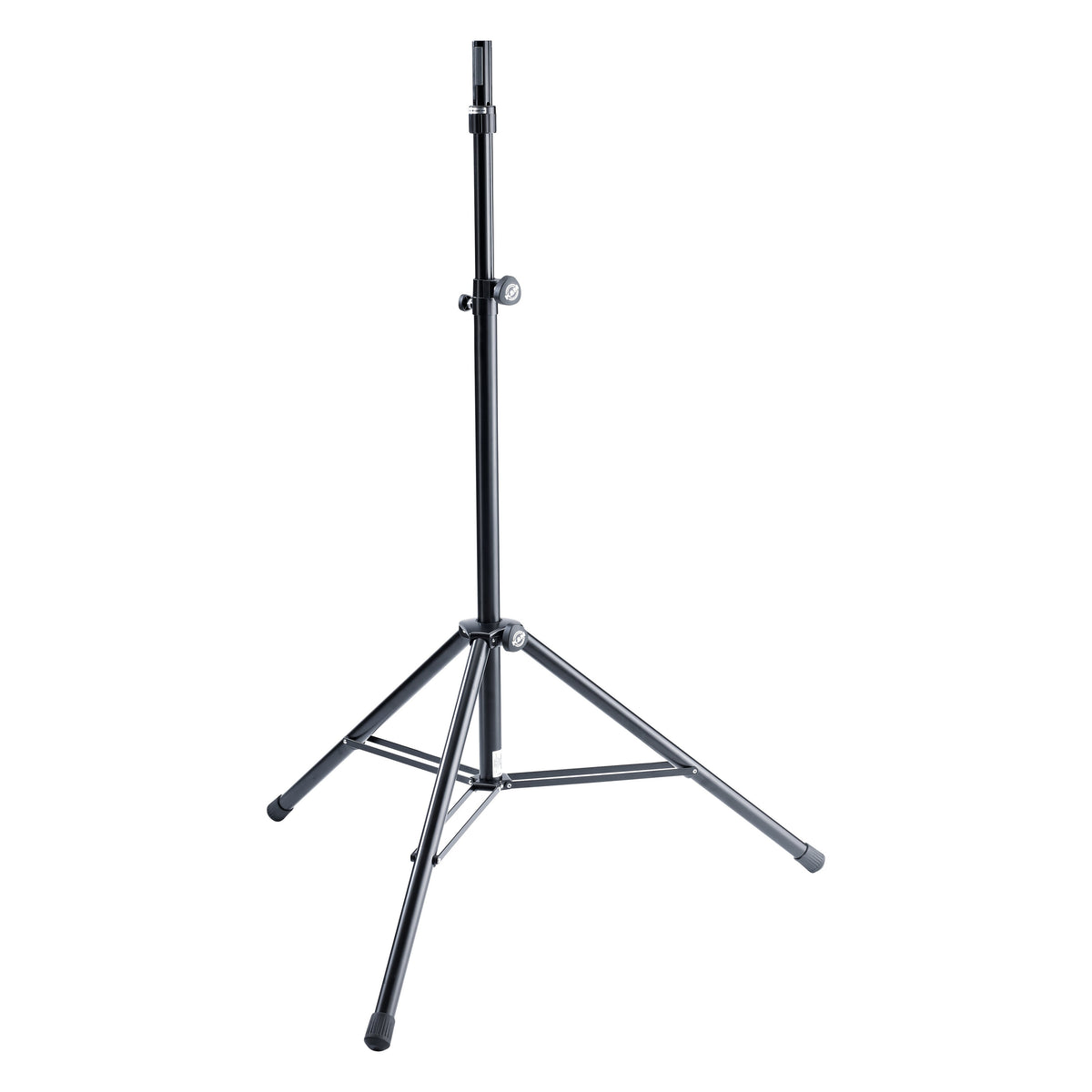 21467 tripod speaker stand full view with clamp knob on the middle tube and rubber-tipped legs spread, K&M