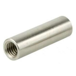 26312 stainless steel thread adapter 3/8-16 to 1/4-20, angled product view showing cylindrical brushed metal body with internally threaded end, Lectrosonics