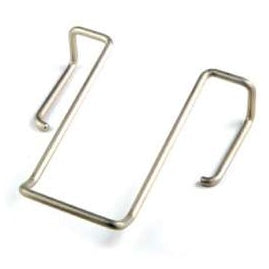 MM400-type replacement wire belt clip for transmitters, angled product view showing bent stainless metal wire with two hooked ends on white background, Lectrosonics
