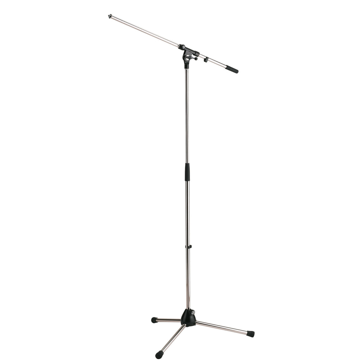 210/2 microphone stand full front view with chrome tripod base, telescoping boom arm extended and black clutch joint, K&M