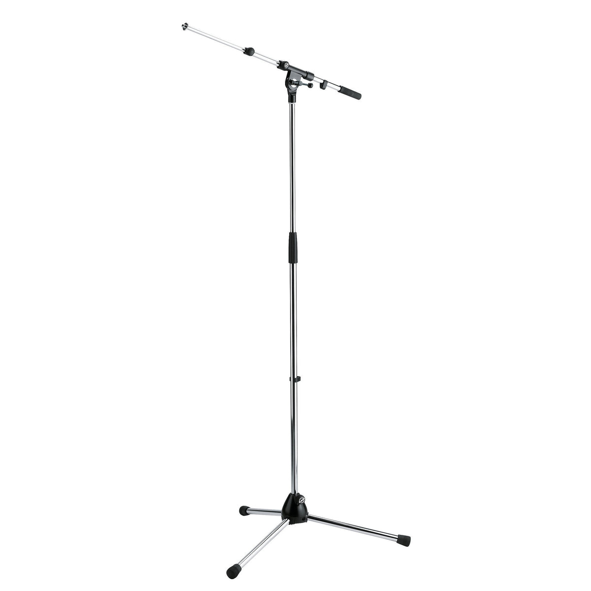 210/9 compact topline boom stand full front view with chrome tubing, telescoping boom arm and black tripod base with rubber feet, K&M