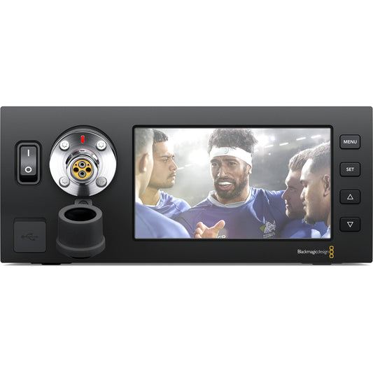 Blackmagic Design Studio Fiber Converter front panel with fiber connector, power switch, and menu buttons