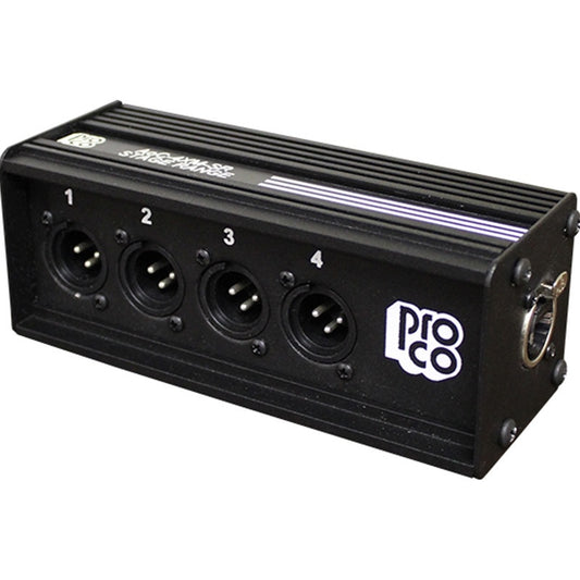 ProCo Sound AOC Stage Range analog over category box with four numbered male XLR outputs in black chassis
