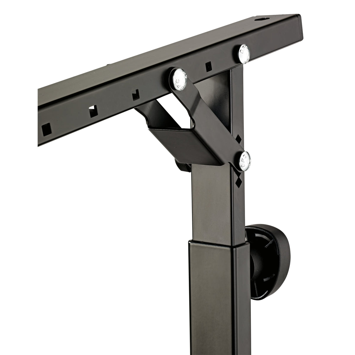 18811 Stacker second tier add-on close-up of the angle adjustment joint with silver bolts, slotted support arm and black clamp knob, K&M