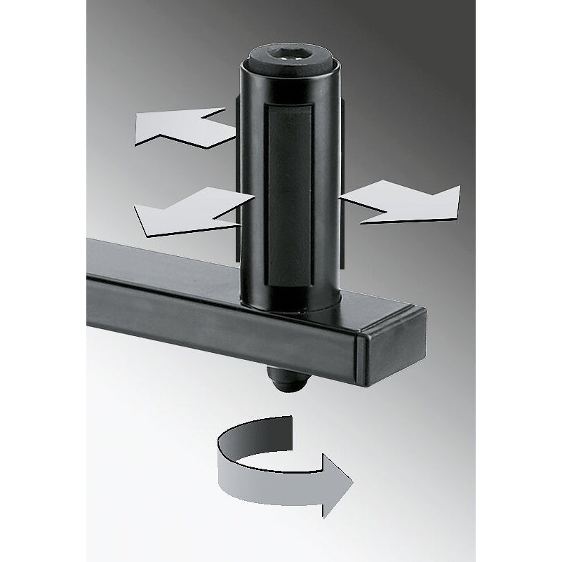 24110 speaker wall mount close-up of speaker flange with directional arrows indicating adjustable bearing clamp and rotation of the arm, K&M