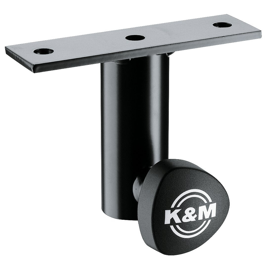 24281 speaker stand adapter angled front view showing flat mounting plate with three screw holes and black tube with K&M logo clamping knob, K&M