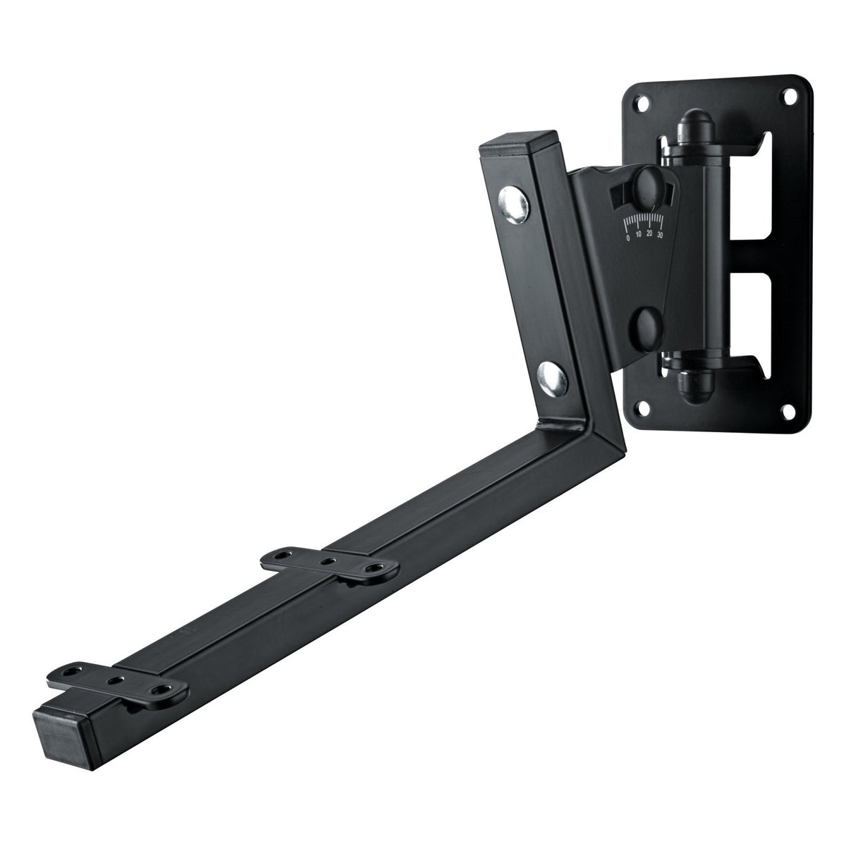 KM 24484.000.55 speaker wall mount angled view showing tilt scale, locking knobs and slotted wall plate, K&M