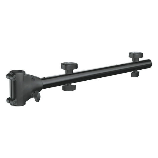 24637 steel crossbar for lighting stands, side-on view showing the end clamp collar with side locking knob and two thumb screws, K&M