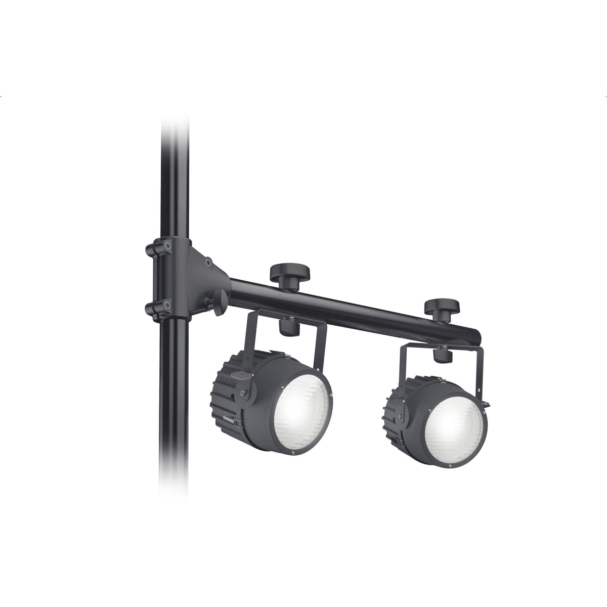 24637 steel crossbar fitted off-centre at the stand pole end as a side arm carrying two hanging spotlights, K&M