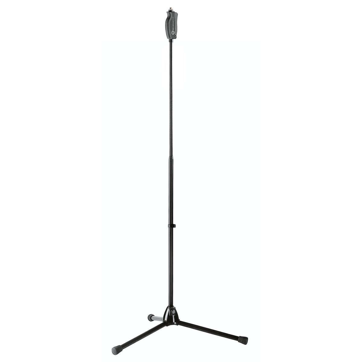 25680 one-hand clutch tripod mic stand full-length front view fully extended with black telescoping boom, top clutch grip and folding tripod legs with rubber feet, K&M