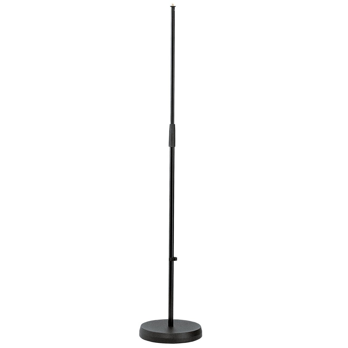 26000 mic stand full front view with round black cast base, telescoping upright and clutch collar on the black tube, K&M
