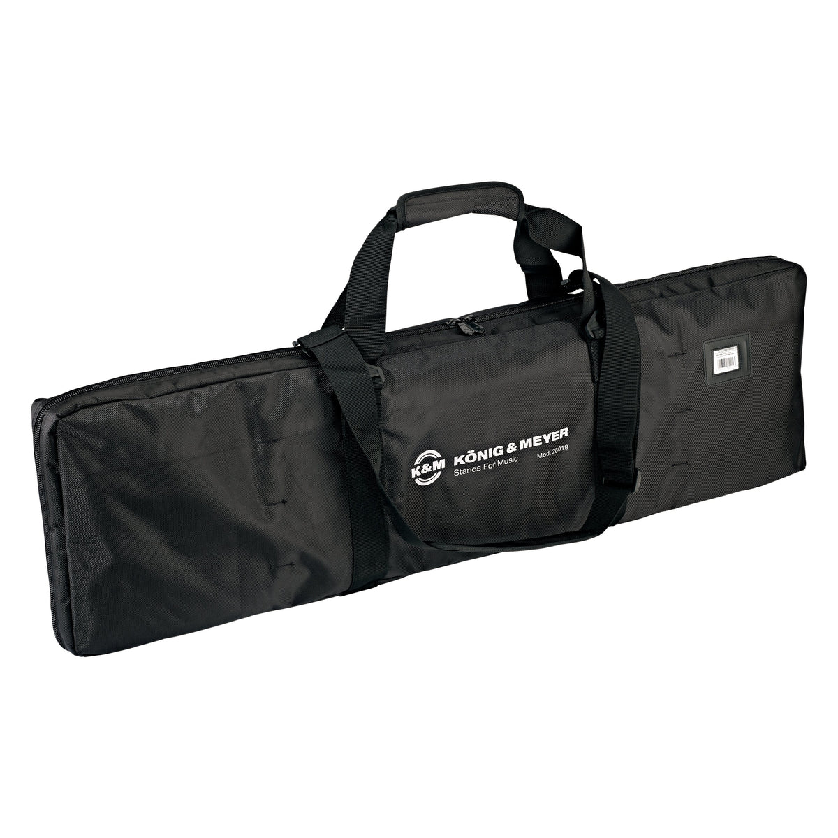 26019 carrying case for 3 microphone stands front view showing black padded nylon body, carry handles, shoulder strap and König & Meyer logo pocket, K&M