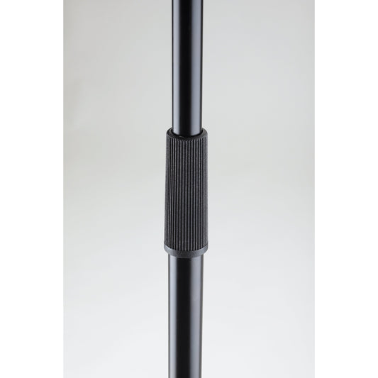 26125 mic stand height adjustment detail showing ribbed black clutch collar on telescoping shaft, K&M