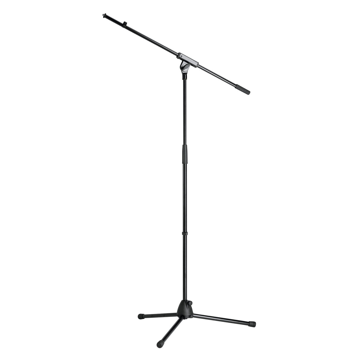 27105 tripod mic stand full front view with boom arm extended at an angle and folding tripod legs with rubber feet, K&M