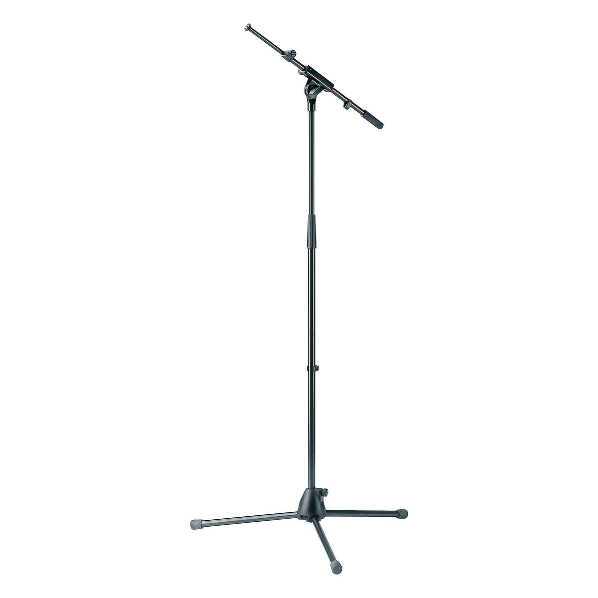 27195 telescopic boom mic stand full front view with black tripod base legs spread, extended vertical shaft and angled telescopic boom arm with grip, K&M