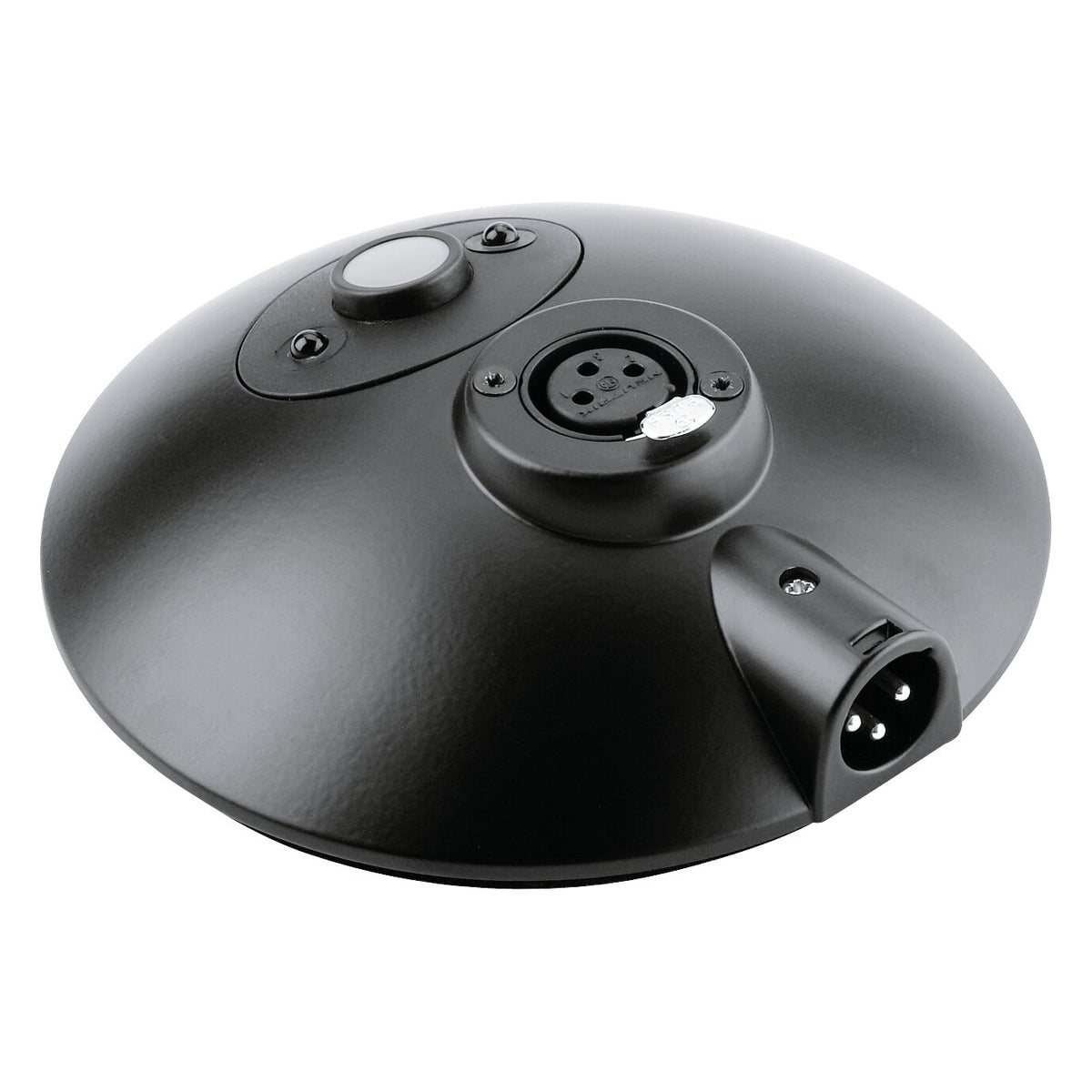 29375 compact zinc table mic base angled top view showing female XLR socket, push-button switch and male XLR output connector, K&M
