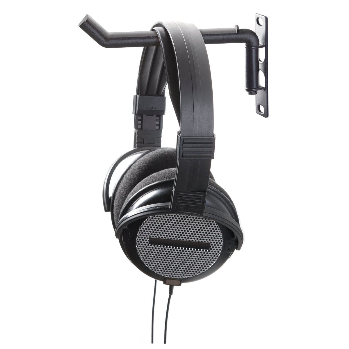 49302 headphone holder in use with over-ear headphones hanging from the black swivel arm, K&M