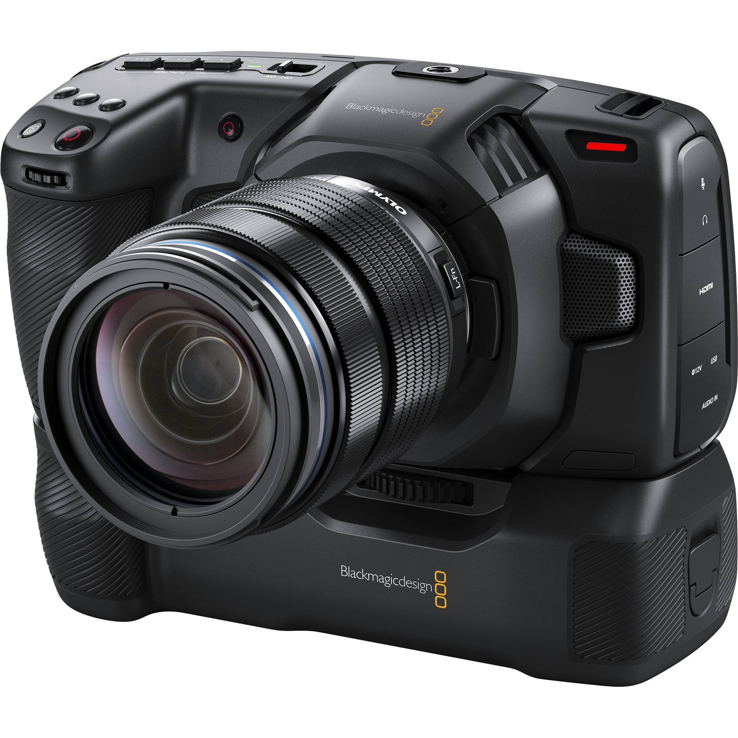 Blackmagic Design Pocket Camera Battery Grip mounted under a pocket cinema camera with lens attached