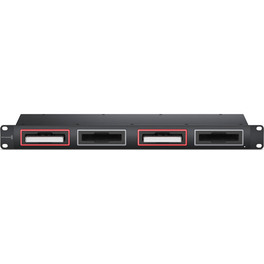 Blackmagic Design MultiDock 10G front panel showing four SSD bays and rack ears