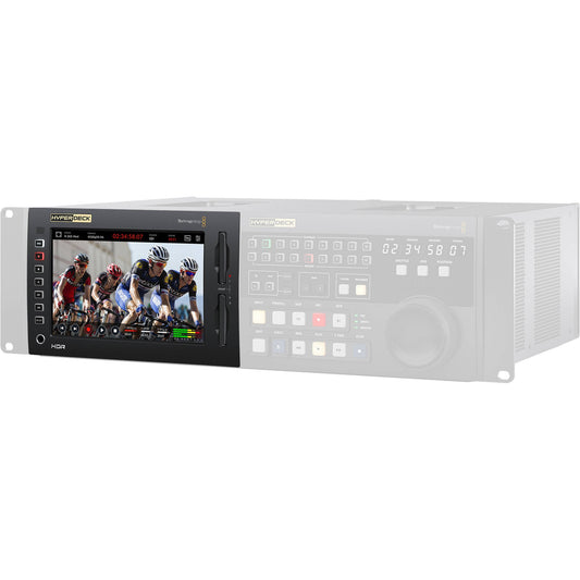Blackmagic Design HyperDeck Extreme 8K HDR angled view with touchscreen showing cycling footage and timecode
