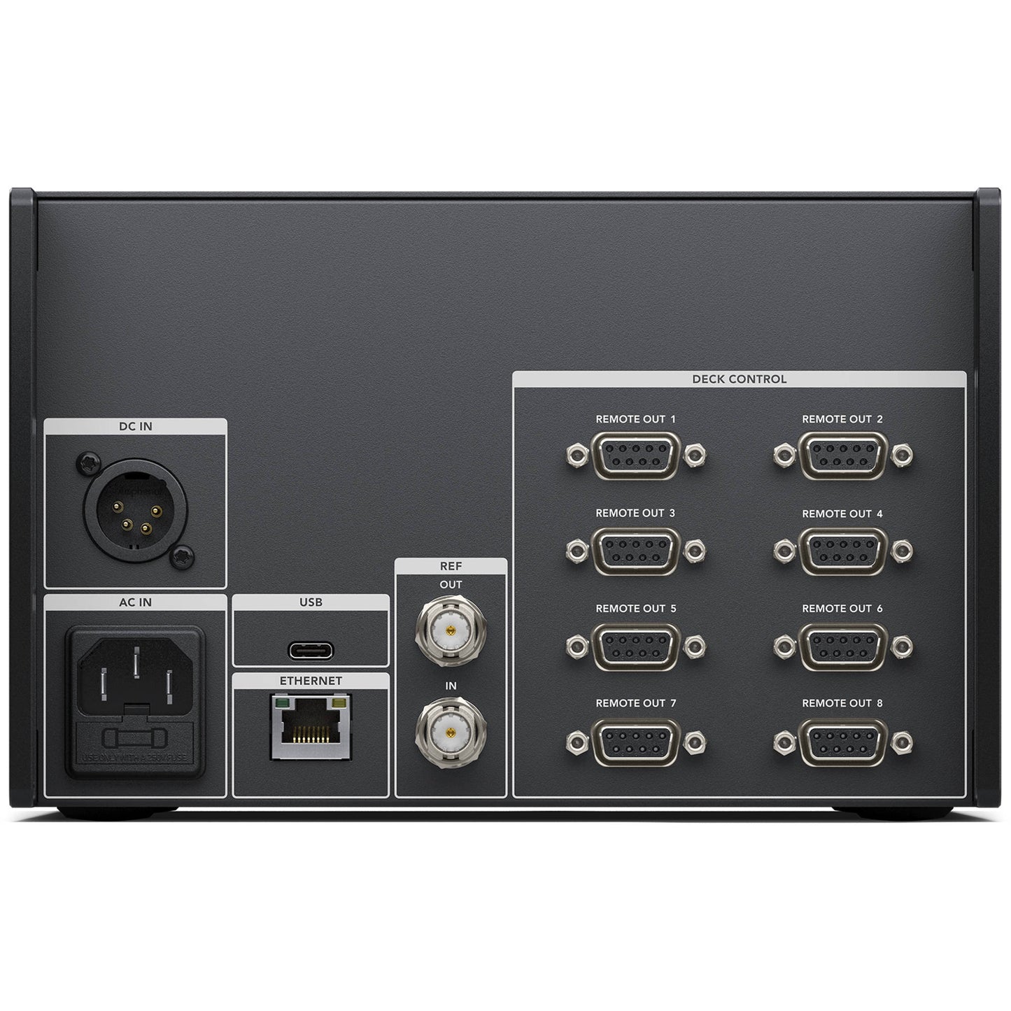 Blackmagic Design HyperDeck Extreme Control rear panel with deck control remote outs, ref BNCs, Ethernet, USB-C, and power in