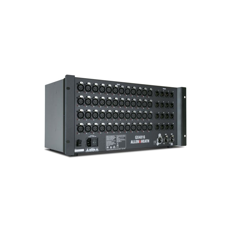 Allen & Heath GX4816 portable stage box shown at an angle, revealing chassis depth and XLR panel