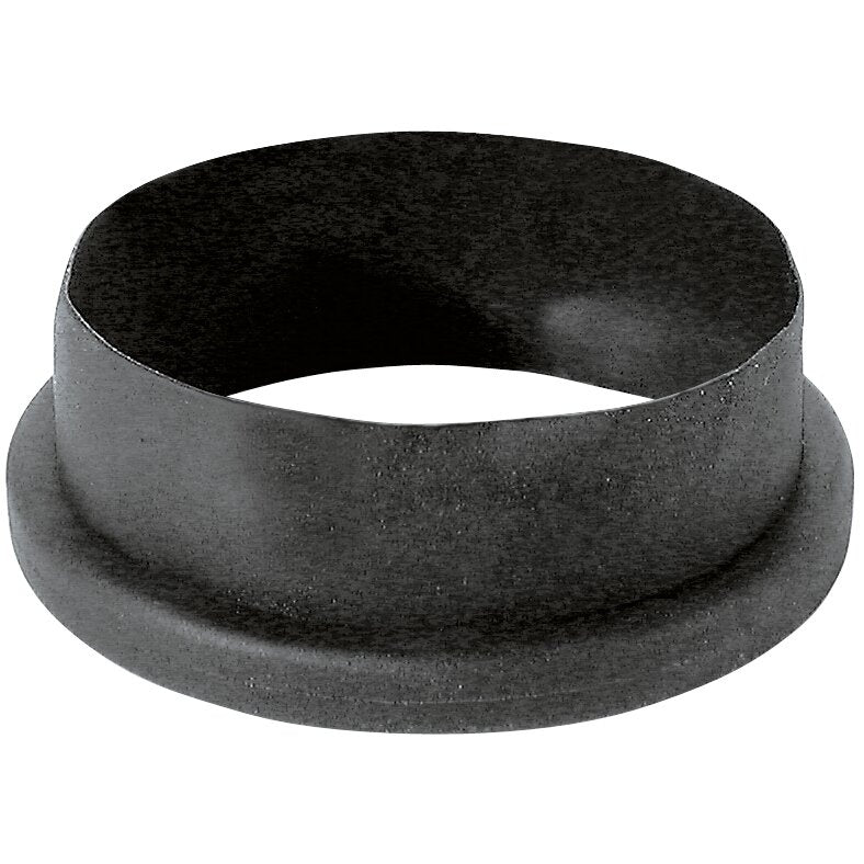 85890 plastic leveling adapter for distance rods, angled top-down view showing black textured ring body with wide flared base flange, K&M