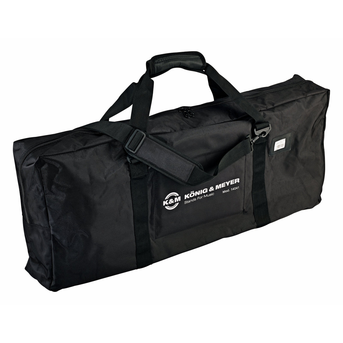 14041 stool carrying case front three-quarter view showing padded top handle, adjustable shoulder strap and white König & Meyer logo print on black nylon, K&M