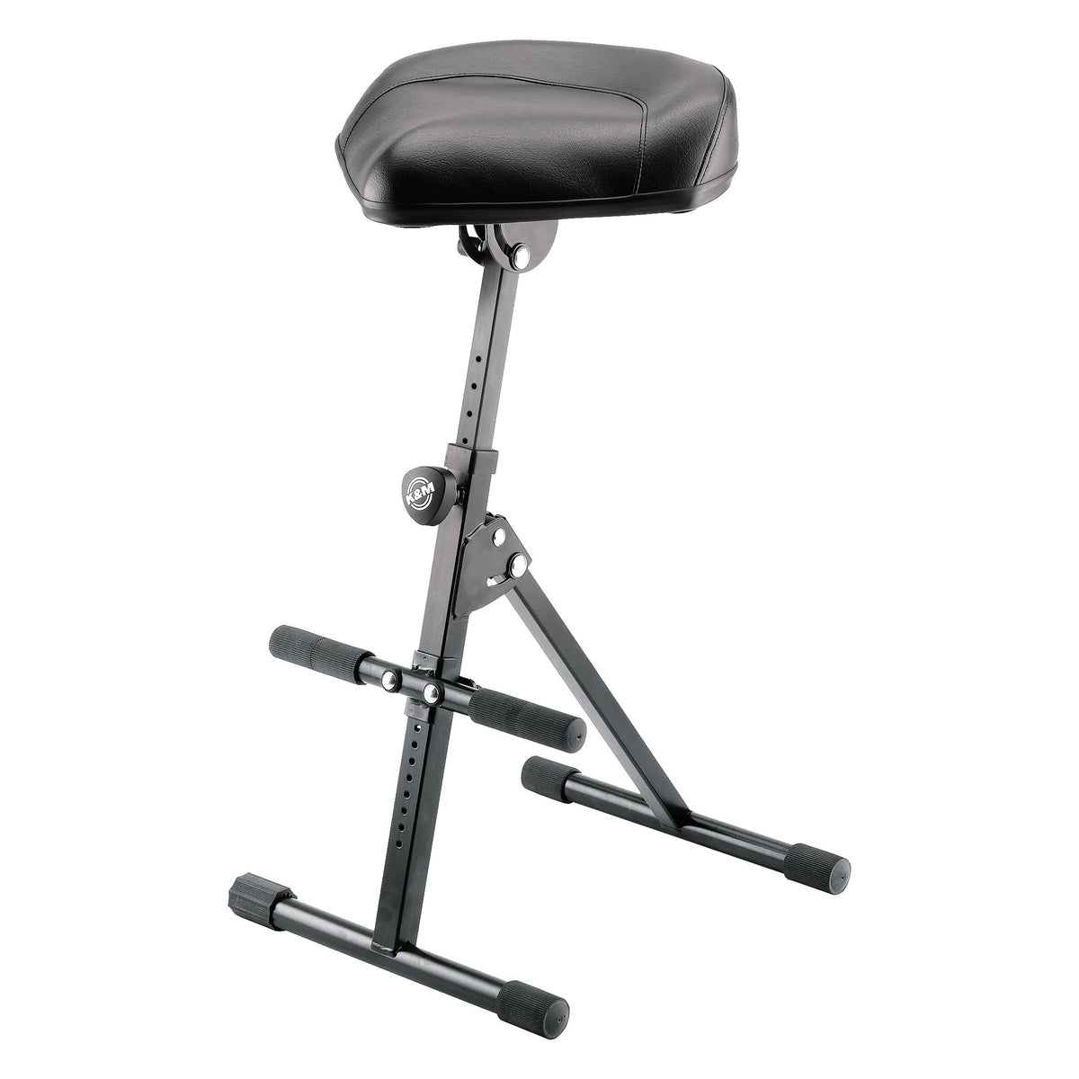 14047 performer stool angled front view with black vinyl seat, K&M locking knob and A-frame tubular legs with rubber foot caps, K&M