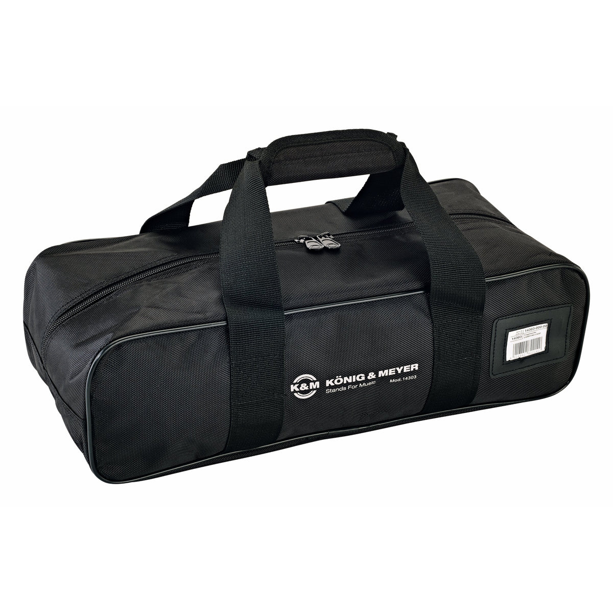 14303 saxophone stand carrying case front three-quarter view in black nylon with dual webbing handles, zip closure and König & Meyer logo, K&M