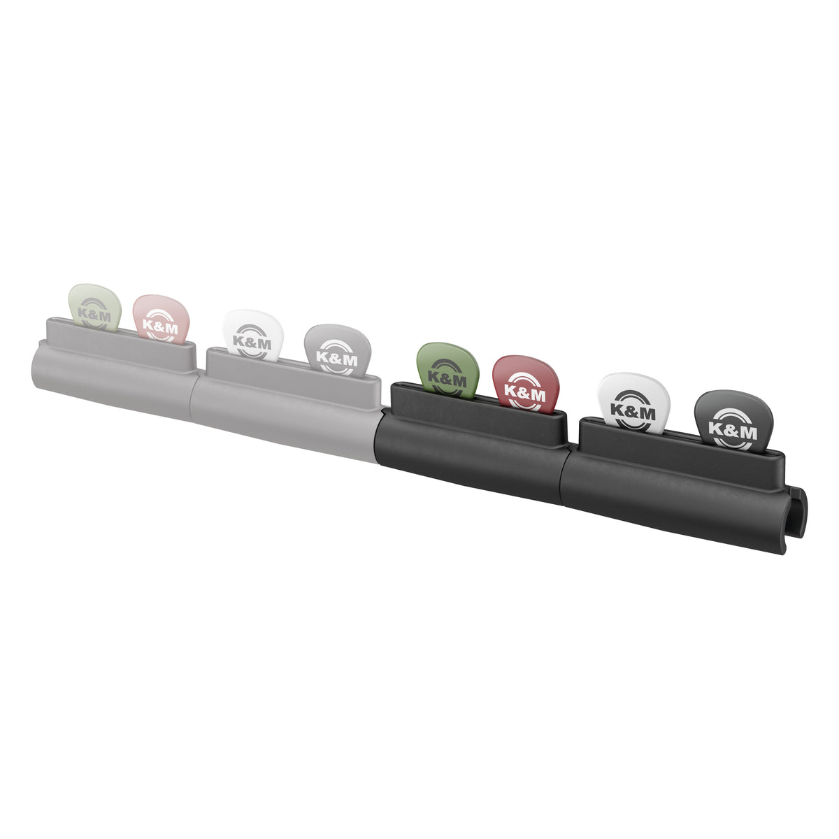 14510 pick holder modules shown linked end to end, with a second faded unit showing how the holders can be extended to carry eight picks, K&M