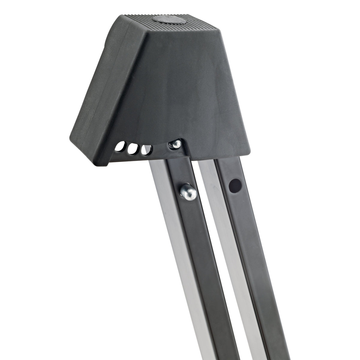 17541 acoustic guitar stand angled top detail of ribbed rubber head block with width adjustment holes and metal ball-lock pin, K&M