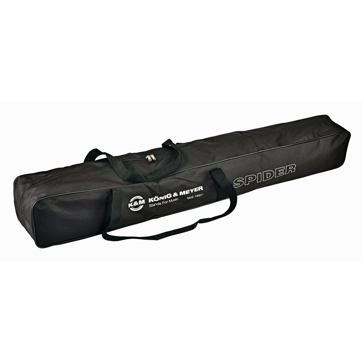 18851 carrying case for Spider Pro keyboard stand, angled front view showing black nylon bag with carry handles, shoulder strap, zip closure and SPIDER and König & Meyer logo print, K&M