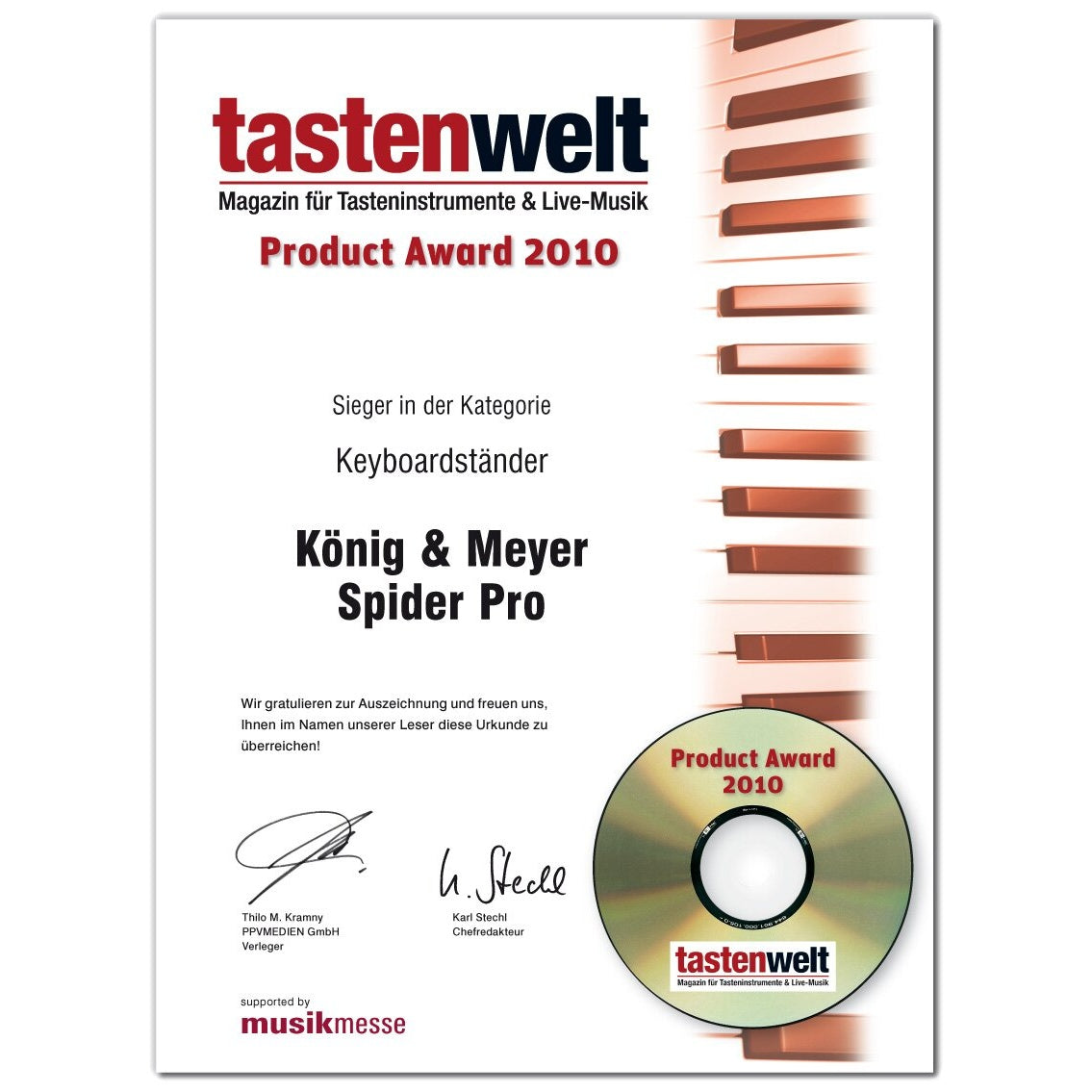 18860 Spider Pro keyboard stand tastenwelt Product Award 2010 certificate for best keyboard stand, K&M