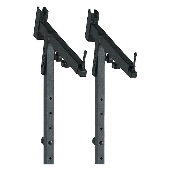 18882 keyboard stand stacker extension pair in black, front view showing angled support arms, height-adjustment holes along the vertical posts and clamp knobs, K&M