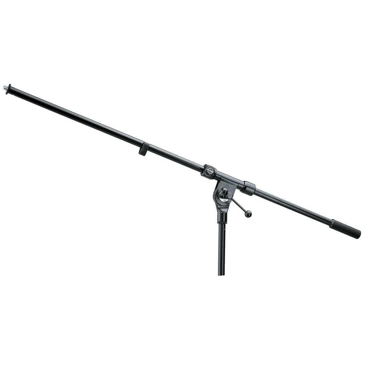 21100 one-piece steel boom arm side view in black with threaded mic end, knurled counterweight grip, pivot clamp and angle lever mounted on stand post, K&M